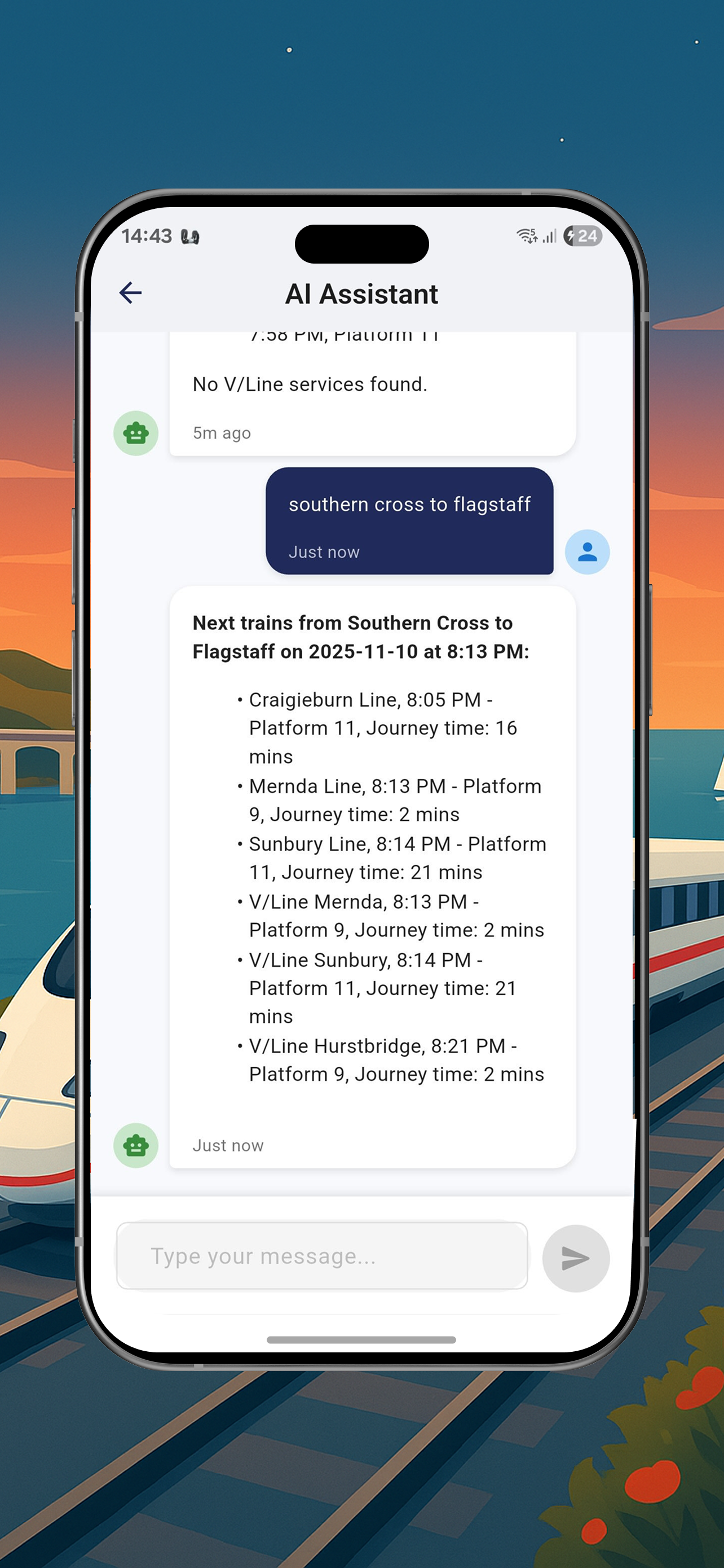 Australia Train Schedule AI Chat - Chat Interface